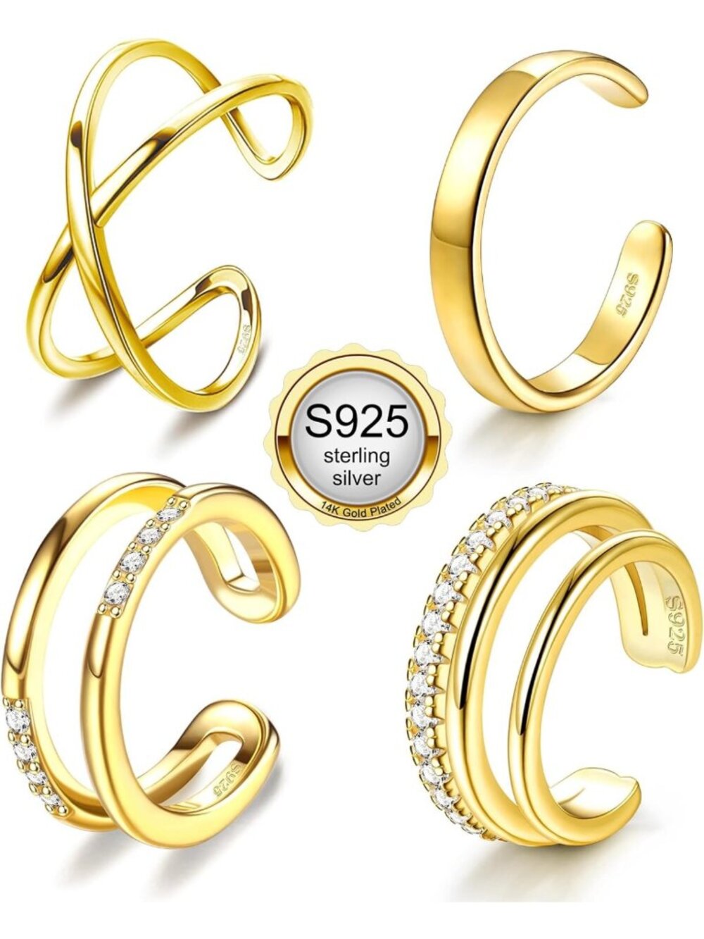 4 Pcs Non-Piercing Adjustable Sterling Silver Ear Cuffs for Women - Clip-On